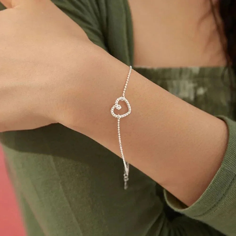 925 Sterling Silver Dainty Heart Beaded Bracelet Minimalist Thin Layer Bracelet